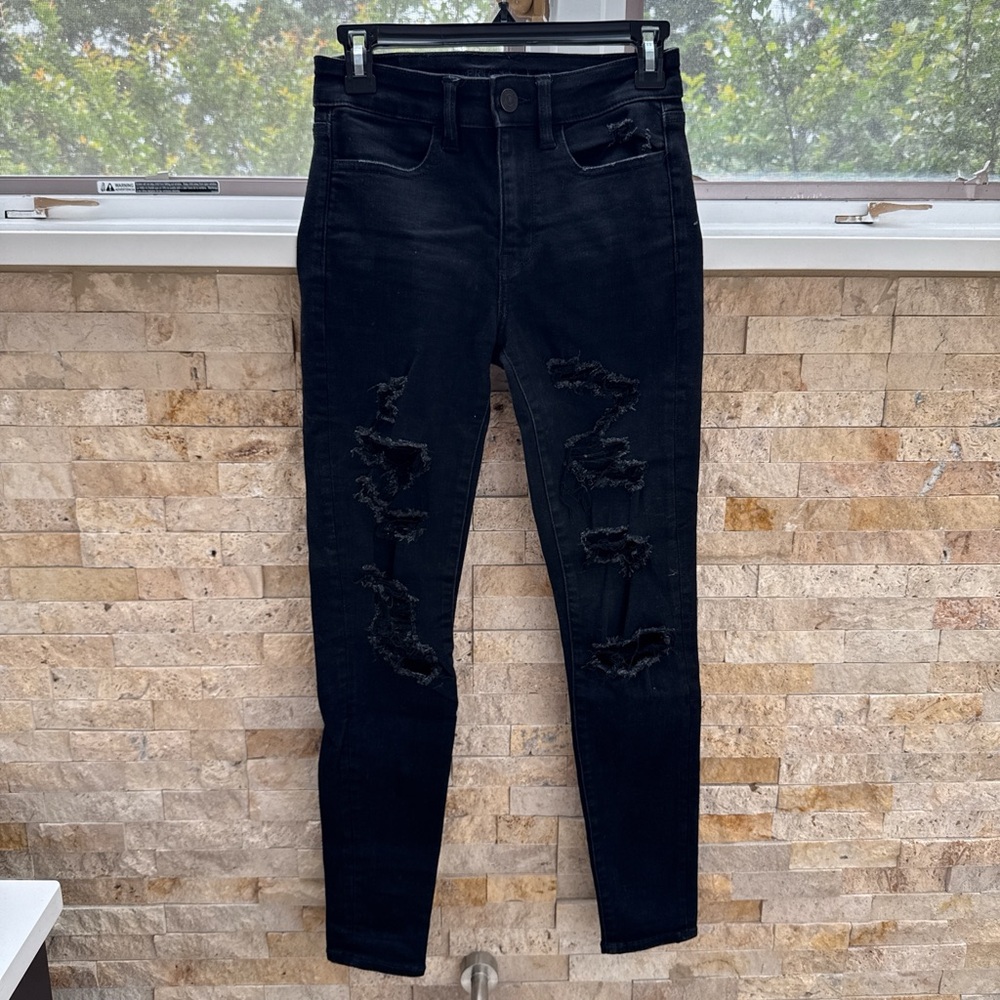 American Eagle Outfitters Black Skinny Jeans with Distressed Details